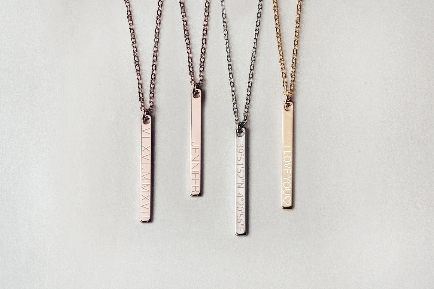 personalized bridesmaid vertical bar neckless with name or coordinates with gold, silver and rose gold color options