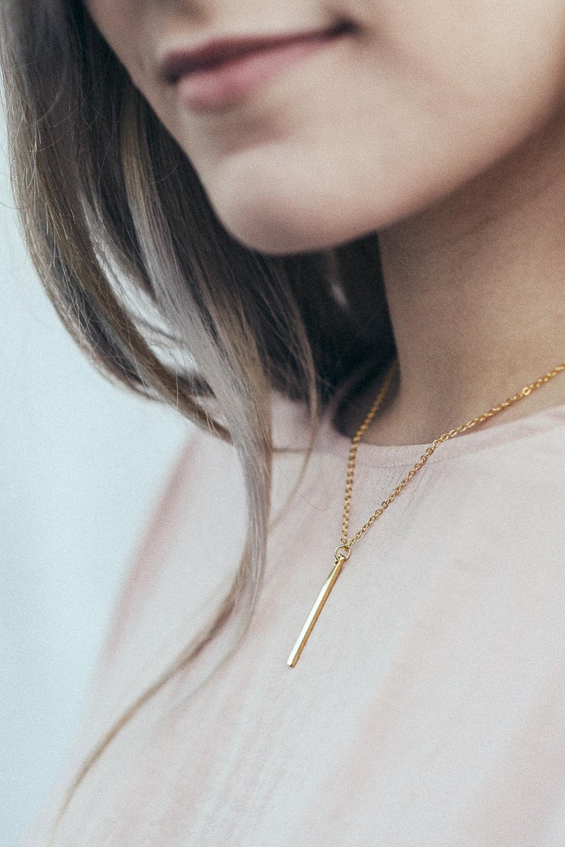 personalized bridesmaid vertical bar neckless with name or coordinates with gold, silver and rose gold color options