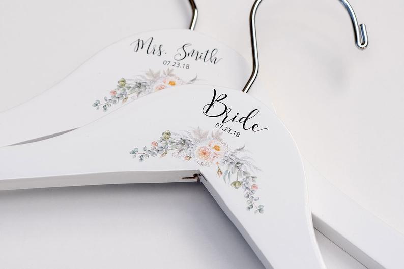 White Bridesmaid Printed Hanger with cream floral design