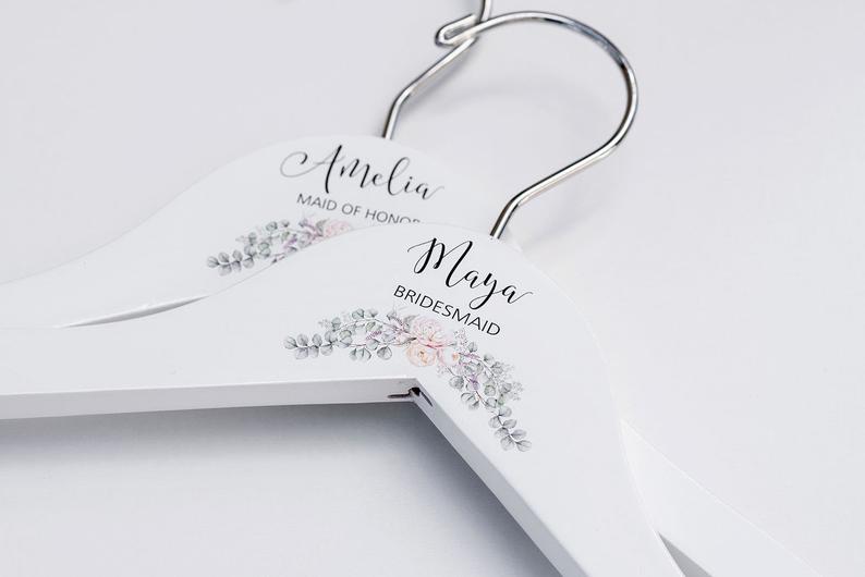 White Bridesmaid Printed Hanger with cream floral design