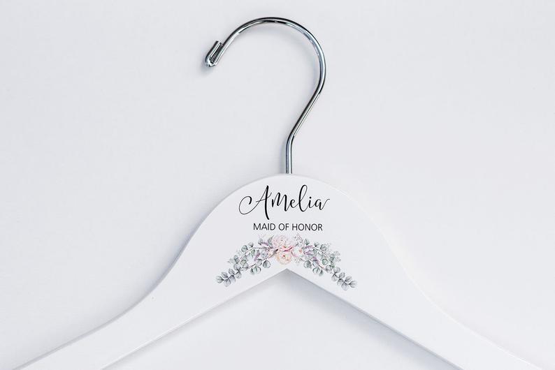 Single White Bridesmaid Printed Hanger with cream floral design