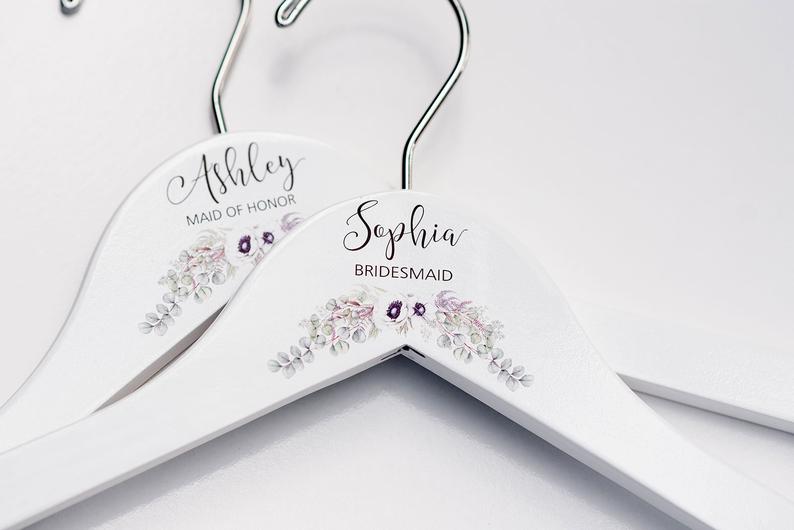 White Bridesmaid Printed Hanger with cream floral design