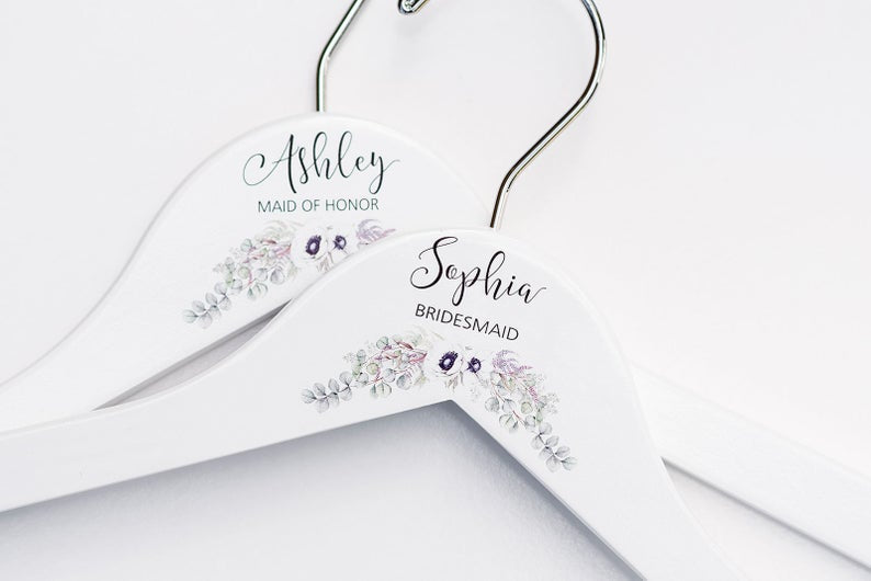 White Bridesmaid Printed Hanger with cream floral design