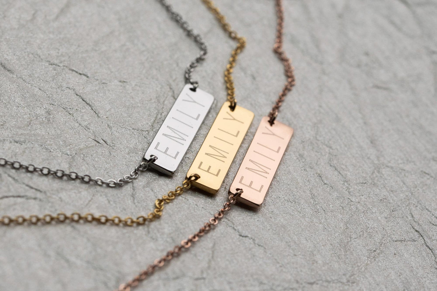 personalized bridesmaid horizontal bar neckless with name or coordinates with gold, silver and rose gold color options