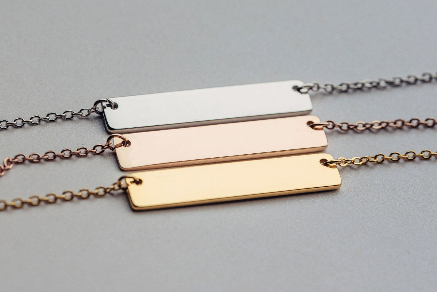 personalized bridesmaid horizontal bar neckless with name or coordinates with gold, silver and rose gold color options