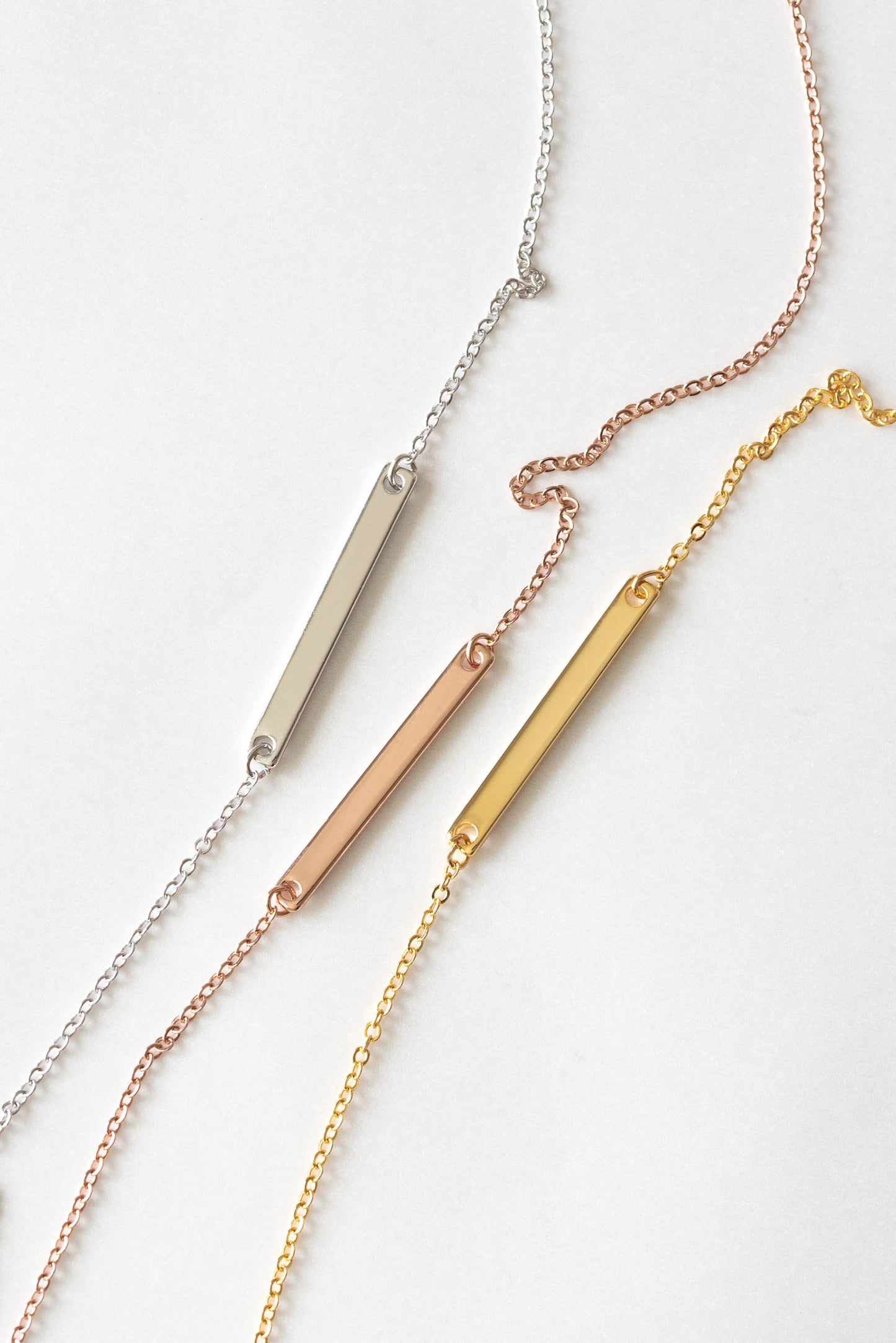personalized bridesmaid horizontal bar neckless with name or coordinates with gold, silver and rose gold color options