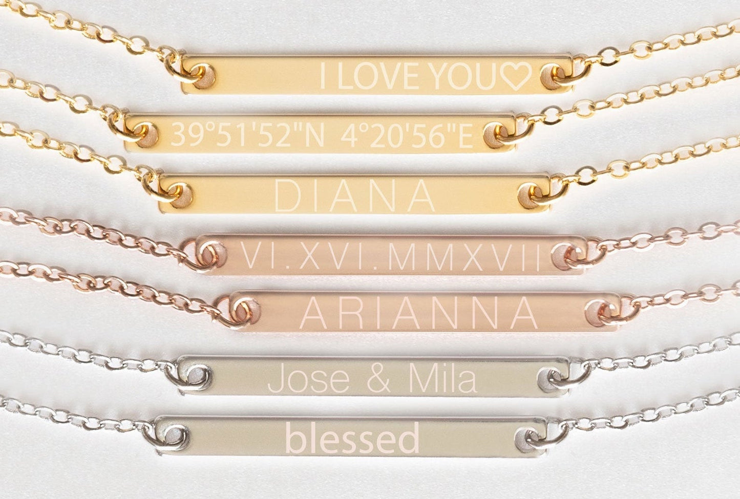 personalized bridesmaid horizontal bar neckless with name or coordinates with gold, silver and rose gold color options