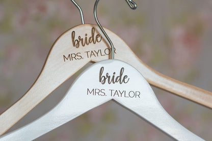 Two Personalized Engraved Bridal Party Wooden Hangers, with Bridesmaid and Bride tex