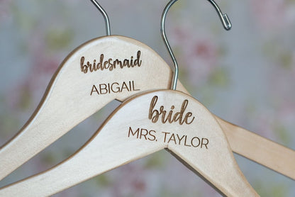 Two Personalized Engraved Bridal Party Wooden Hangers, with Bridesmaid and Bride tex