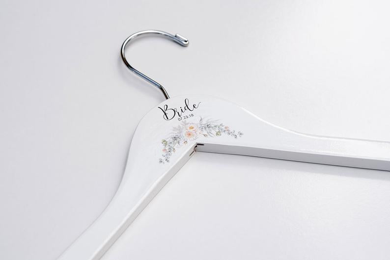 White Bridesmaid Printed Hanger with cream floral design