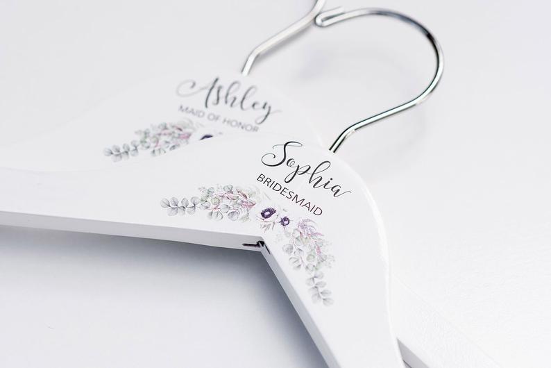 White Bridesmaid Printed Hanger with cream floral design