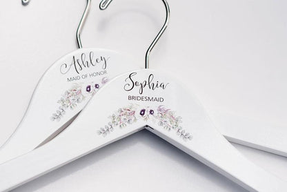White Bridesmaid Printed Hanger with cream floral design
