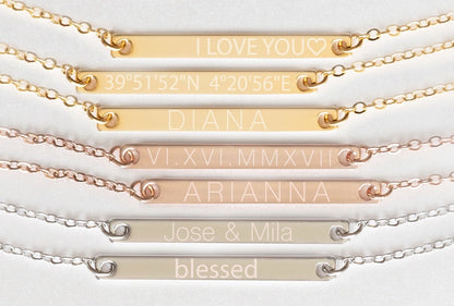 personalized bridesmaid horizontal bar neckless with name or coordinates with gold, silver and rose gold color options 